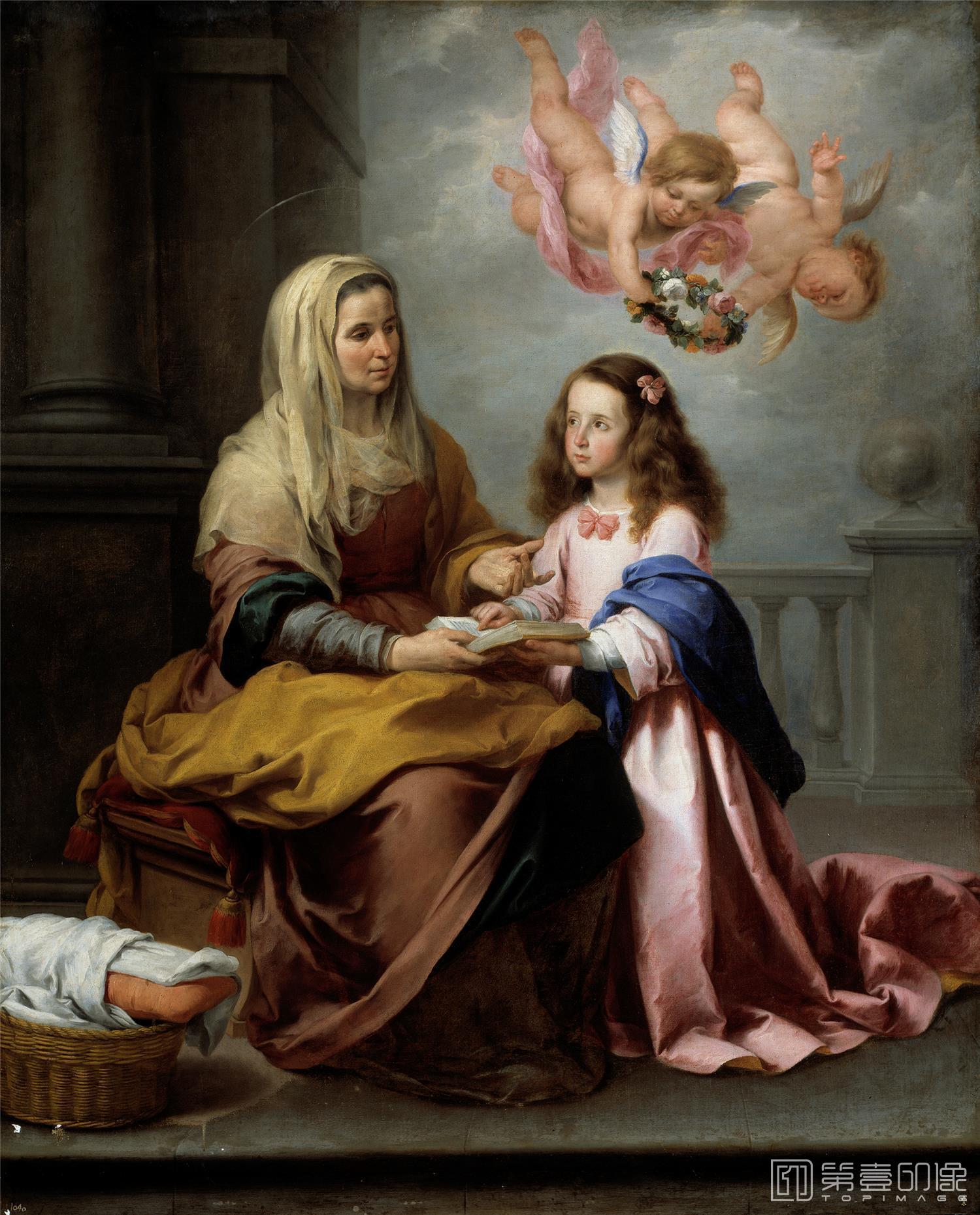 油画-西班牙普拉多美术馆油画藏画-Murillo, Bartolomé Esteban-Santa Ana y la Virgen-219cm x 165cm-1961